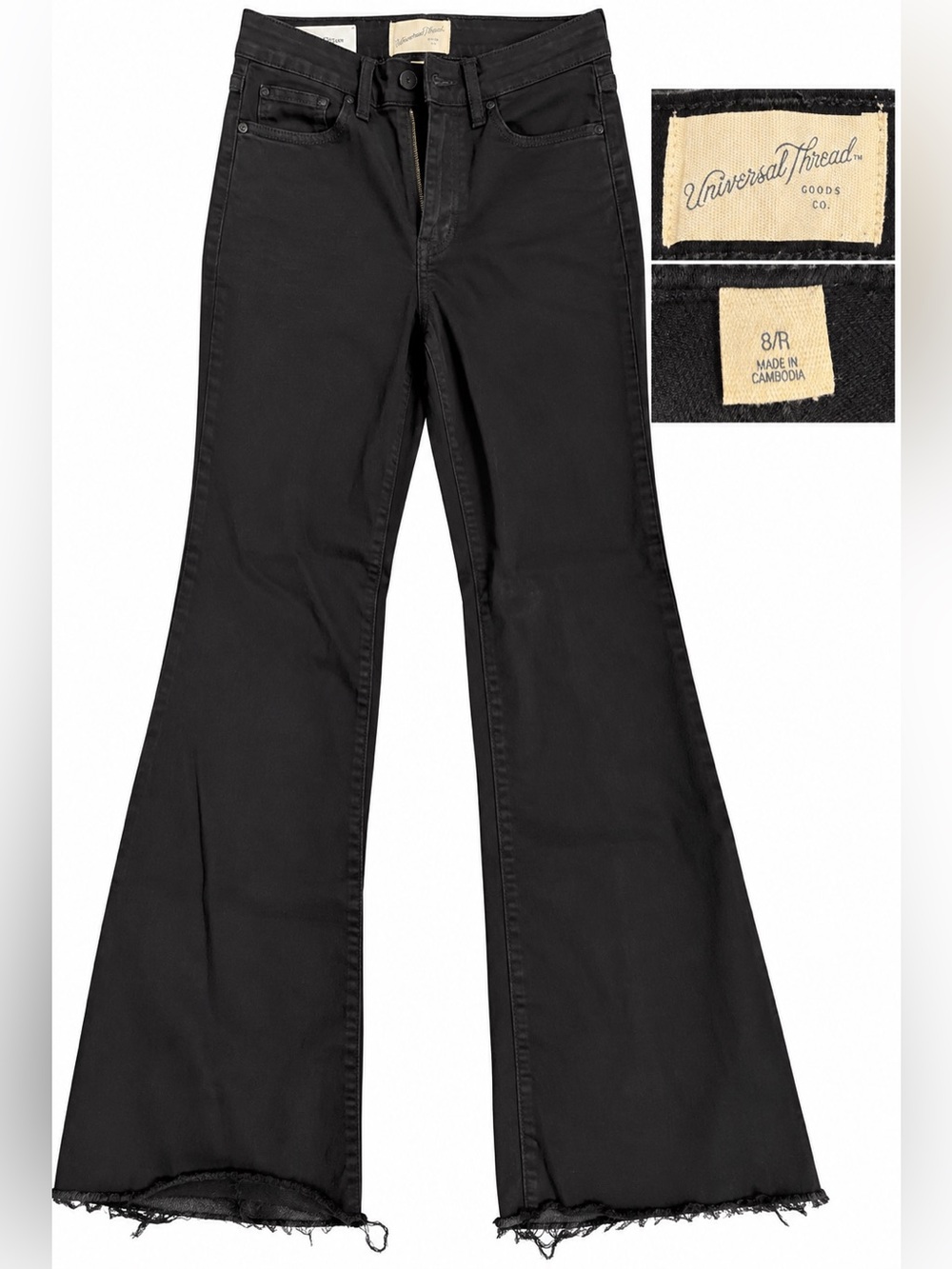 Universal Thread Women’s Black High-Rise Flare Jeans, size 8, with Raw Hem